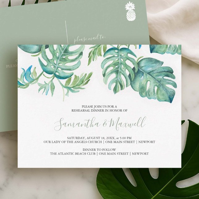 Tropical Palm Leaves Rehearsal Dinner Invitation Postcard (Tropical rehearsal dinner invitation postcard with watercolor monstera palm leaves Do Tell A Belle)