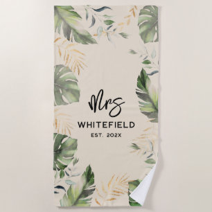 Tropical Palm Leaves Script Botanical Custom Beach Towel