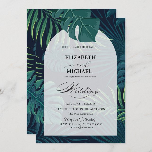 Tropical Palm Leaves Script Wedding  Invitation (Front/Back)