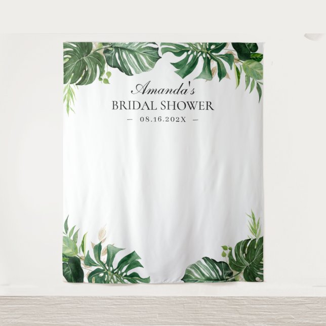 Tropical Palm Leaves Summer Bridal Shower Backdrop Tapestry (Front)