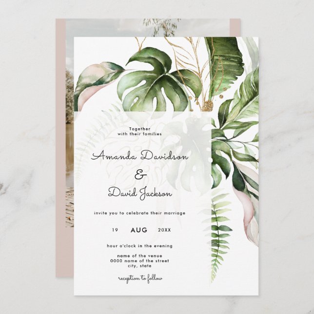 Tropical Palm Leaves Summer Modern Wedding Invitation (Front/Back)