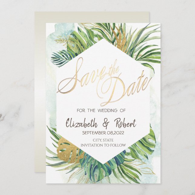 Tropical Palm Leaves Summer Save The Date (Front/Back)
