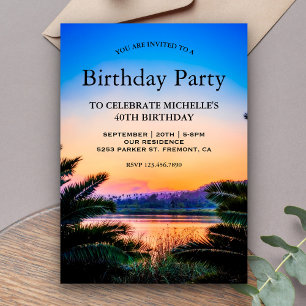 Tropical Palm Leaves Sunset Birthday Party Invitation