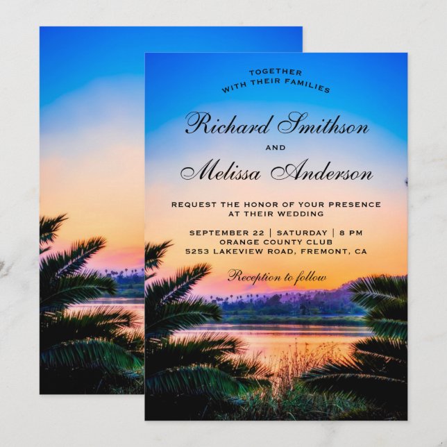 Tropical Palm Leaves Sunset Wedding Invitation (Front/Back)