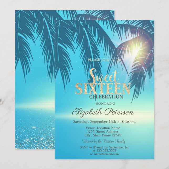 Tropical Palm Leaves Sweet 16  Invitation (Front/Back)