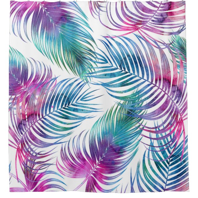 Tropical palm leaves, watercolor floral pattern. shower curtain (Front)