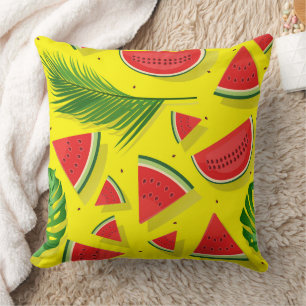 Tropical Palm Leaves & Watermelon Slices Pattern Cushion