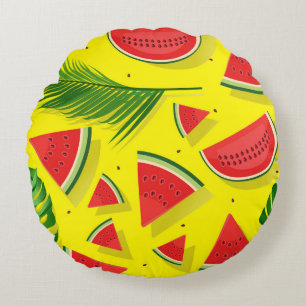 Tropical Palm Leaves & Watermelon Slices Pattern Round Cushion
