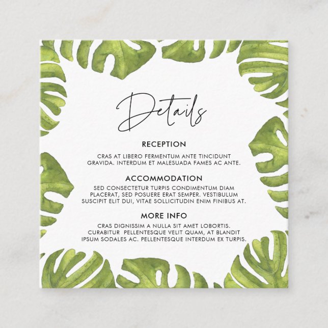 Tropical palm leaves wedding guest information enclosure card (Front)