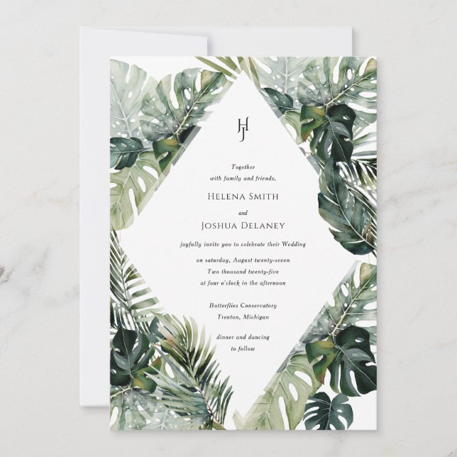 Tropical Palm Leaves Wedding Invitation | Beach  (Front)