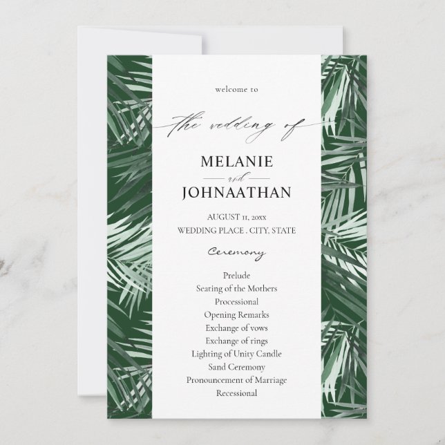 Tropical Palm Leaves Wedding Program - Green (Front)