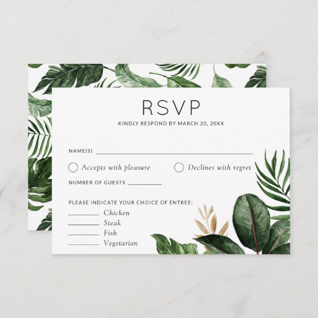 Tropical Palm Leaves Wedding RSVP Food Options Invitation (Front/Back)
