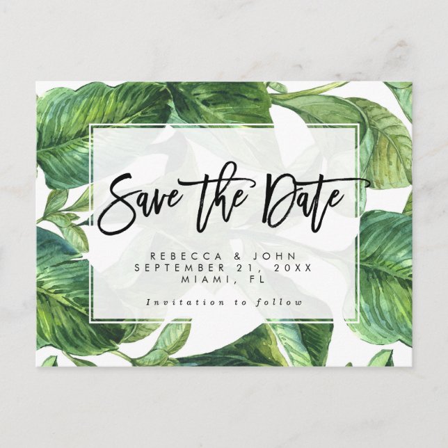 tropical palm leaves wedding save the date card (Front)