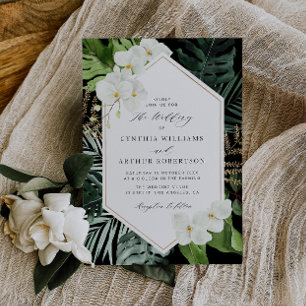 tropical palm leaves white floral wedding invitation