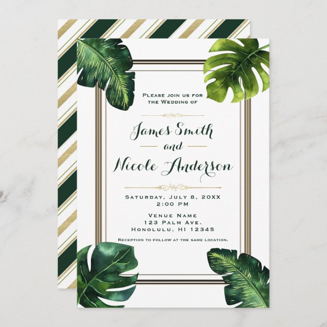 Tropical Palm Leaves White Green & Gold Wedding Invitation (Front/Back)