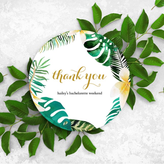 Tropical Palm Leaves Wreath Thank You Message Card (Chic tropical palm leaves bachelorette weekend circle thank you card for guests.)