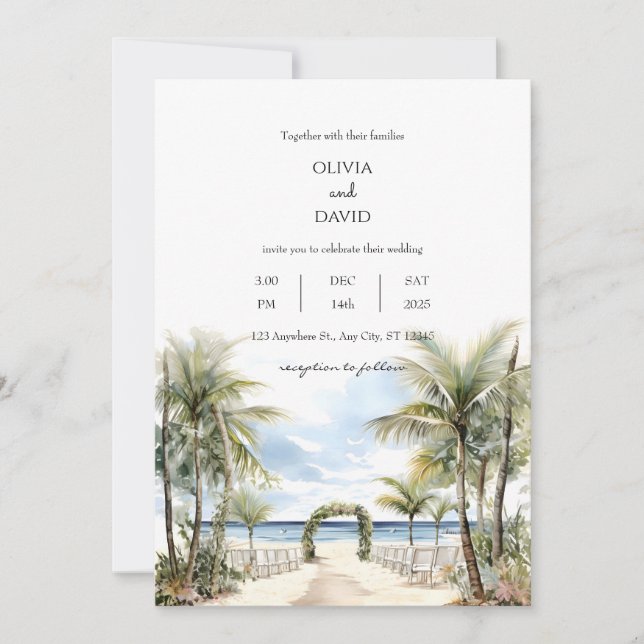  Tropical Palm Lined Beach Ceremony Aisle Wedding Invitation (Front)