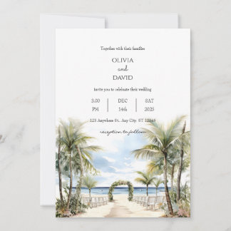  Tropical Palm Lined Beach Ceremony Aisle Wedding Invitation