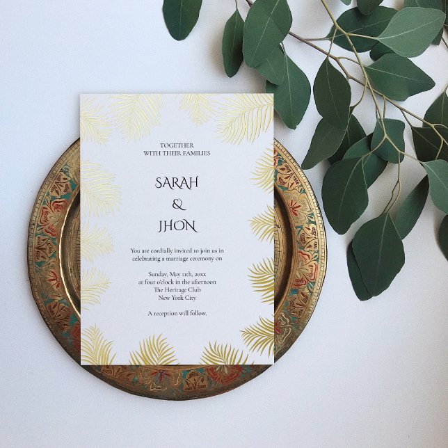 Tropical Palm Minimalist Wedding Invitation with E (Tropical Invitation with E Foil Invitation)