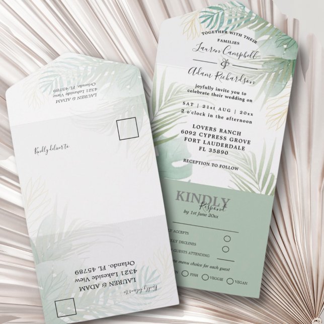 Tropical Palm Monstera Green Wedding All In One Invitation (Creator Uploaded)