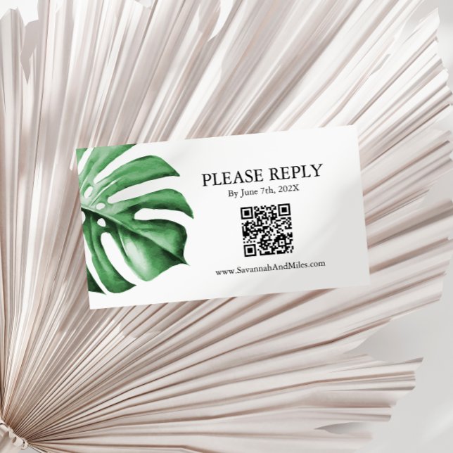 Tropical Palm Monstera Leaf Wedding QR Code Card (Creator Uploaded)