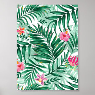 Tropical Palm & Monstera Leaves & Exotic Flowers Poster