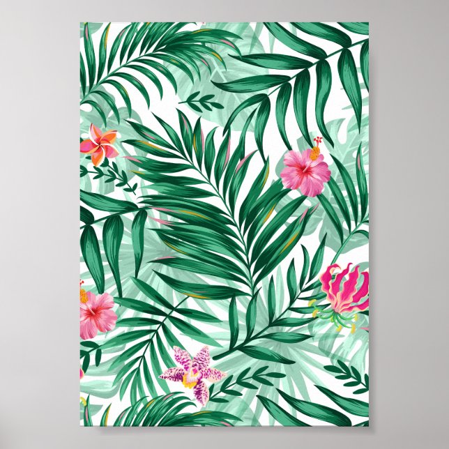 Tropical Palm & Monstera Leaves & Exotic Flowers Poster (Front)