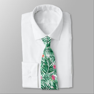 Tropical Palm & Monstera Leaves & Exotic Flowers Tie
