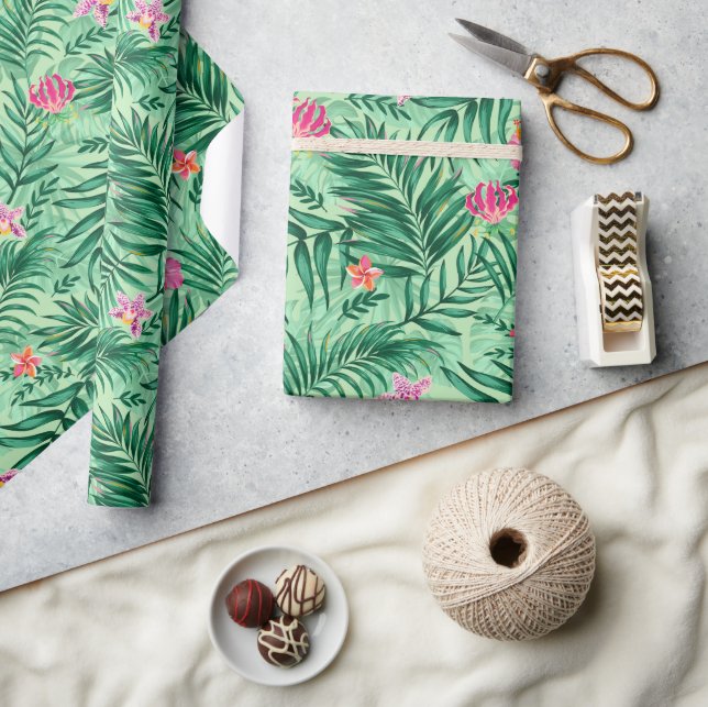 Tropical Palm & Monstera Leaves & Exotic Flowers Wrapping Paper (Crafts)