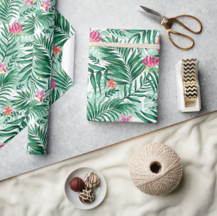 Tropical Palm & Monstera Leaves & Exotic Flowers Wrapping Paper