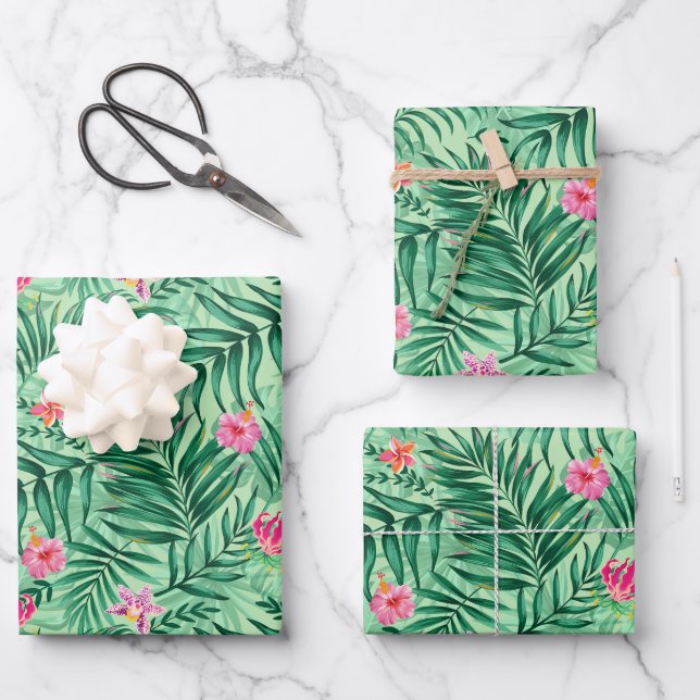 Tropical Palm & Monstera Leaves & Exotic Flowers Wrapping Paper Sheet (Front)