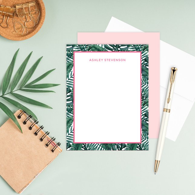 Tropical Palm Monstera Leaves Pink Custom Name Card (Creator Uploaded)