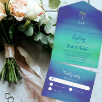 Tropical Palm Muted Blue Green Beach Ocean Wedding
