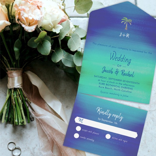 Tropical Palm Muted Blue Green Beach Ocean Wedding All In One Invitation (Creator Uploaded)