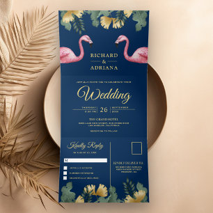 Tropical Palm Navy Blue Flamingo Couple Wedding Tri-Fold Invitation