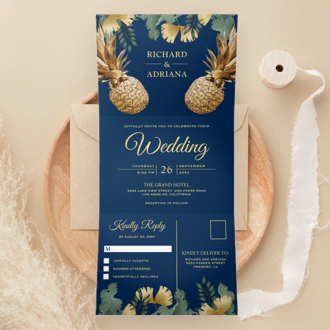 Tropical Palm Navy Blue Gold Pineapple Wedding Tri-Fold Invitation (Creator Uploaded)