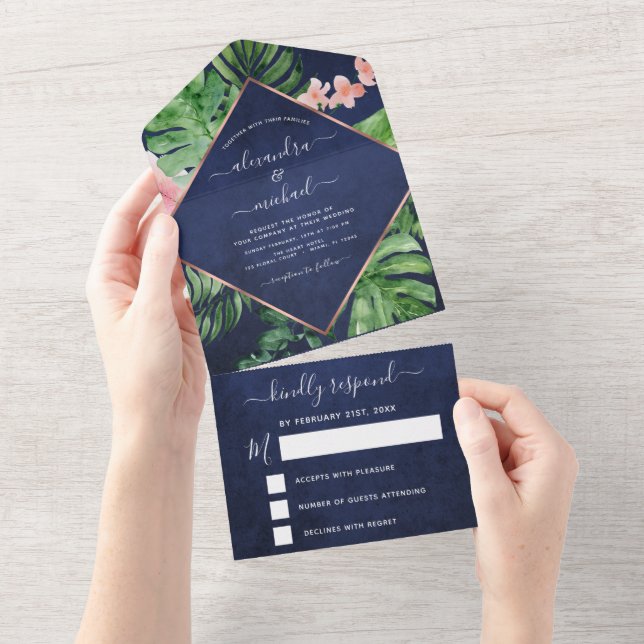Tropical Palm Navy Blue Rose Gold Wedding RSVP All In One Invitation (Tearaway)