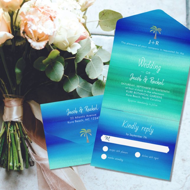 Tropical Palm Neon Blue Green Beach Ocean Wedding All In One Invitation (Creator Uploaded)