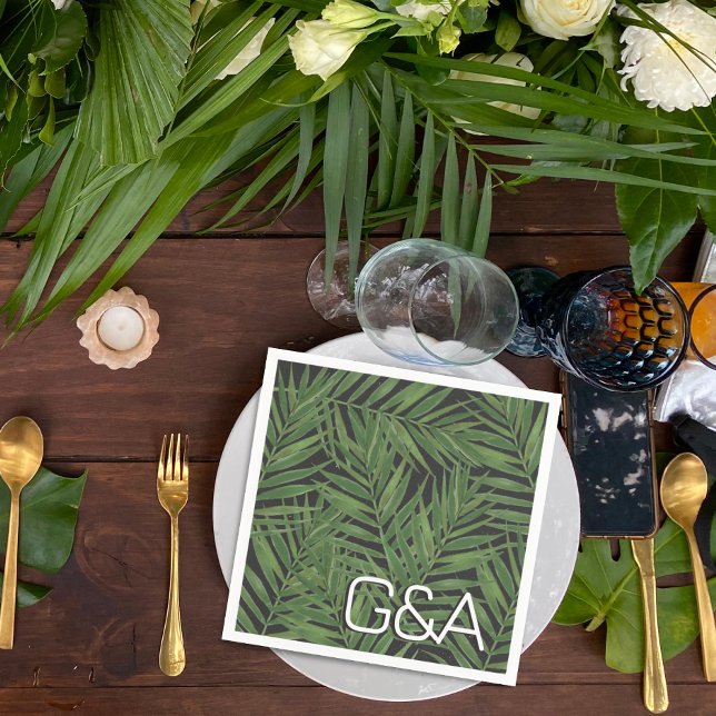 Tropical Palm Night Sky Modern Initials Wedding Napkin (Creator Uploaded)
