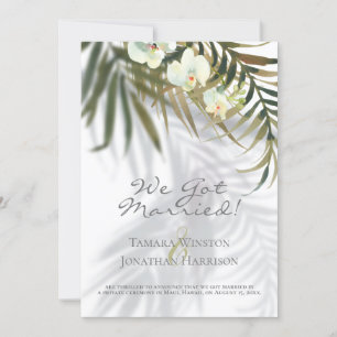 Tropical Palm & Orchid Shadows Beach Just Married Invitation