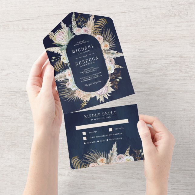 Tropical Palm Pampas Grass Floral Navy Wedding All In One Invitation (Tearaway)