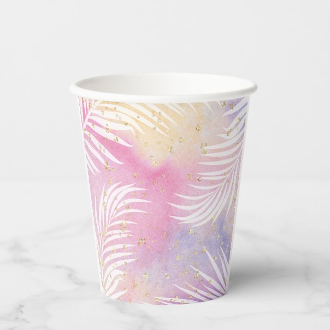 Tropical Palm Pastel Rainbow Pool Party Paper Cups (Front)