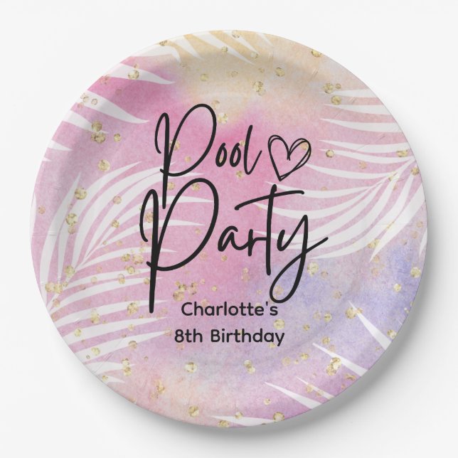 Tropical Palm Pastel Rainbow Pool Party  Paper Plate (Front)