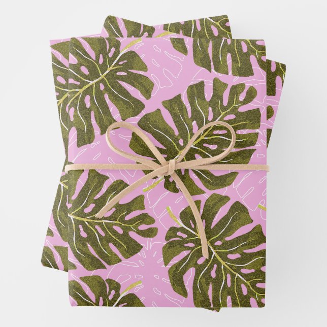 Tropical Palm Pink Green Wrapping Paper Sheet (In situ)