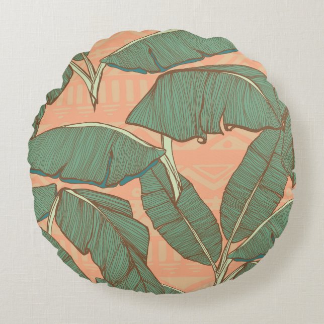 Tropical Palm: Seamless Leaf Background Round Cushion (Front)