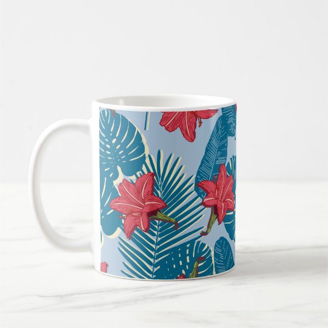 Tropical Palm seamless leaf blue pattern Coffee Mug (Left)