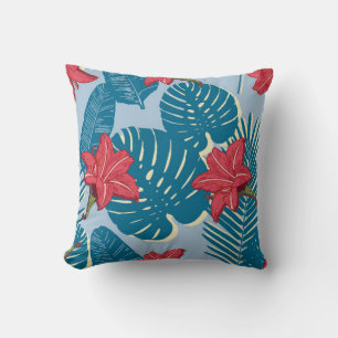 Tropical Palm seamless leaf blue pattern Cushion