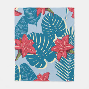 Tropical Palm seamless leaf blue pattern Fleece Blanket