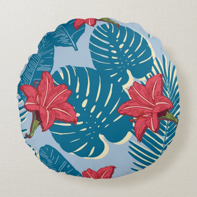 Tropical Palm seamless leaf blue pattern Round Cushion (Front)