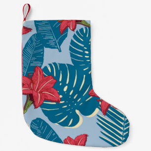 Tropical Palm seamless leaf blue pattern Small Christmas Stocking